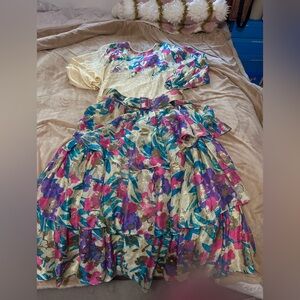 Vintage Diane Freis Floral Skirt and Blouse with Belt 1980s L/XL